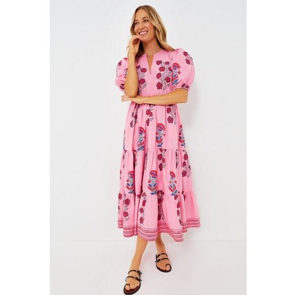Oliphant Tuckernuck Boca Pink Puff Sleeve Maxi Midi Cotton Block Print Dress - Picture 2 of 16